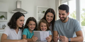 Família brasileira feliz revisando contas de consumo reduzidas em tablet, em ambiente doméstico moderno e iluminado.
