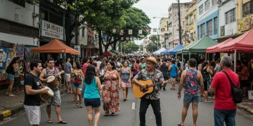 Pessoas celebrando em um festival de rua vibrante no Brasil, com música e arte, simbolizando lazer acessível.