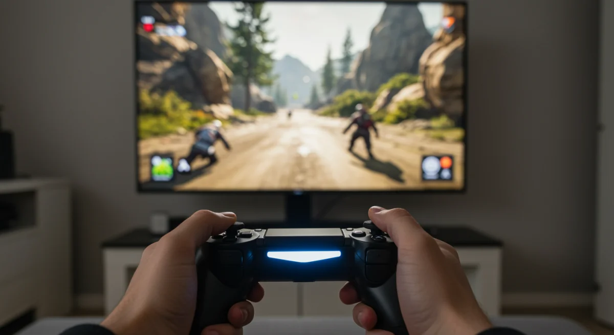 Gamer jogando com controle moderno, focado na tela com gráficos de alta qualidade.