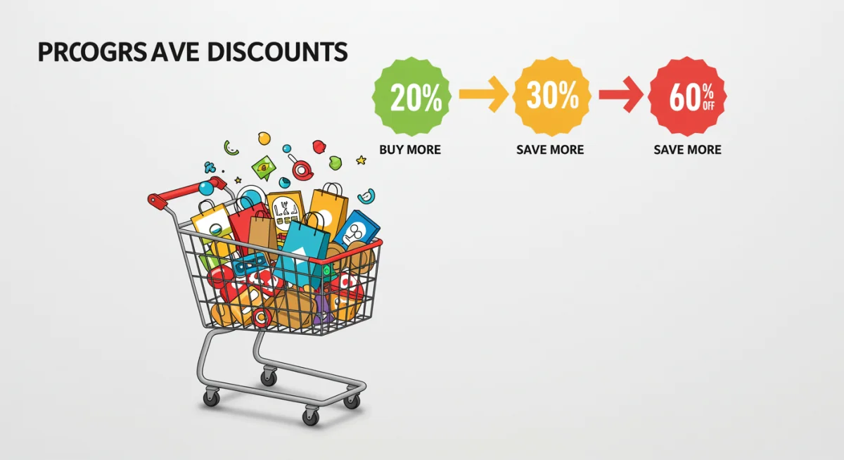 Carrinho de compras ilustrando o aumento do desconto progressivo de 10% a 60% à medida que mais itens são adicionados.