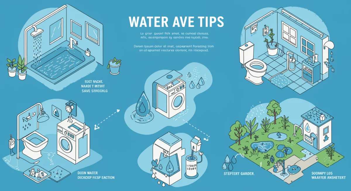 Infográfico com dicas visuais para economizar água em diferentes cômodos da casa.