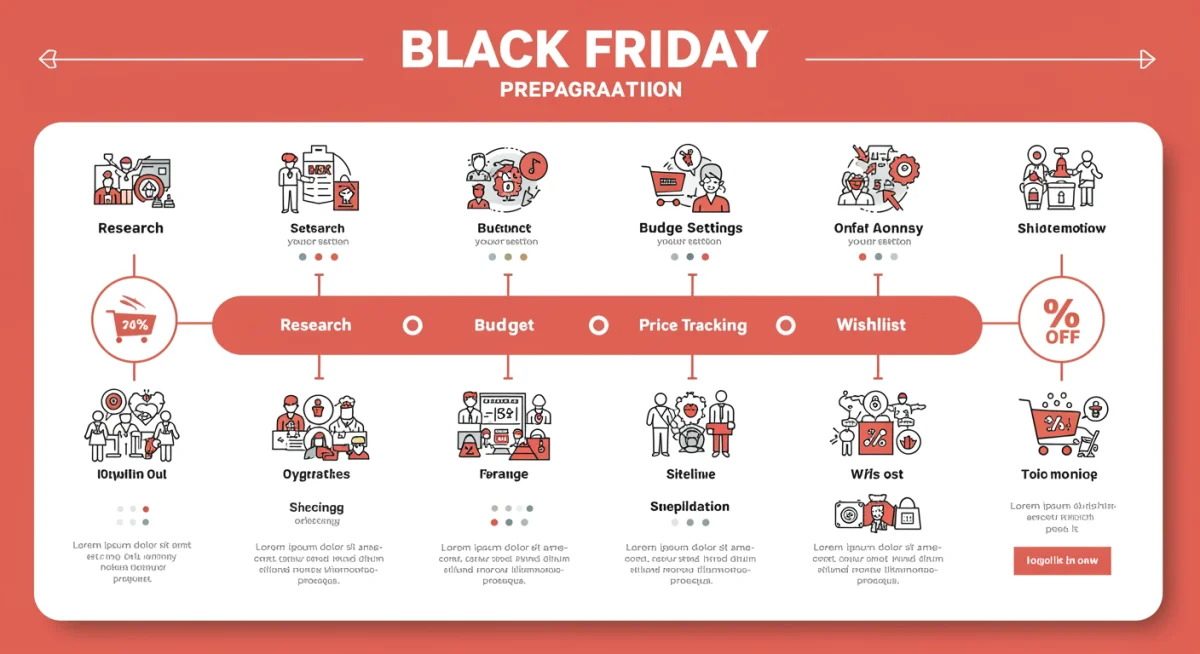 Infográfico com etapas de preparação para a Black Friday, incluindo pesquisa e orçamento.