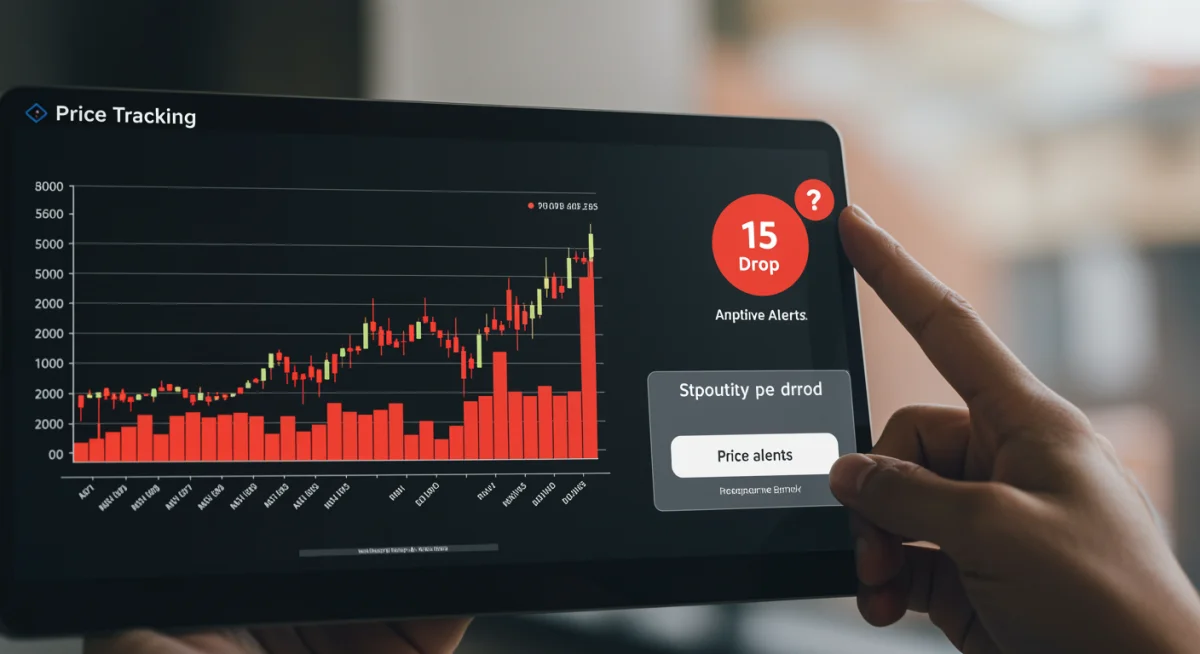 Interface de ferramenta de alerta de preço exibindo histórico de valores e notificação de queda.
