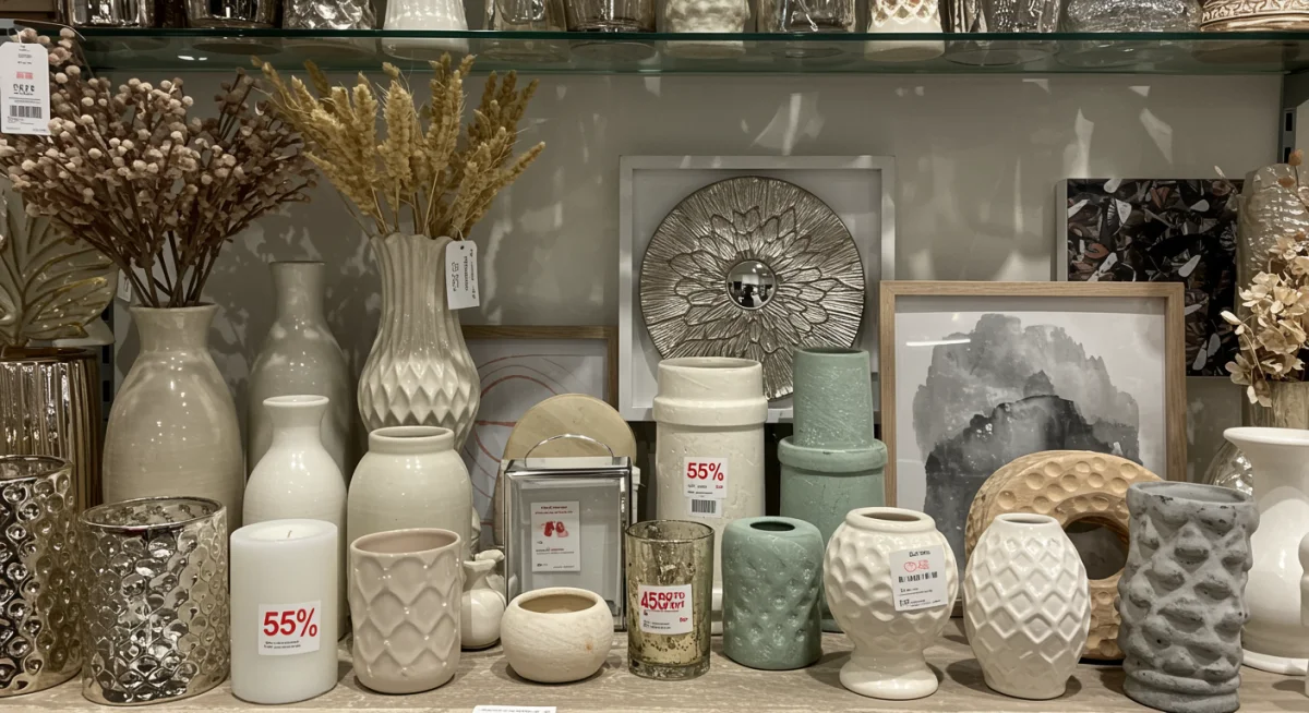 Detalhes de itens decorativos em promoção, incluindo vasos, velas e quadros.