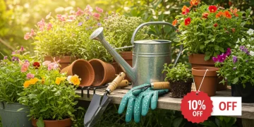 Cena vibrante de um jardim exuberante sob o sol de verão, com ferramentas de jardinagem e plantas floridas, destacando a promoção de 10% de desconto.