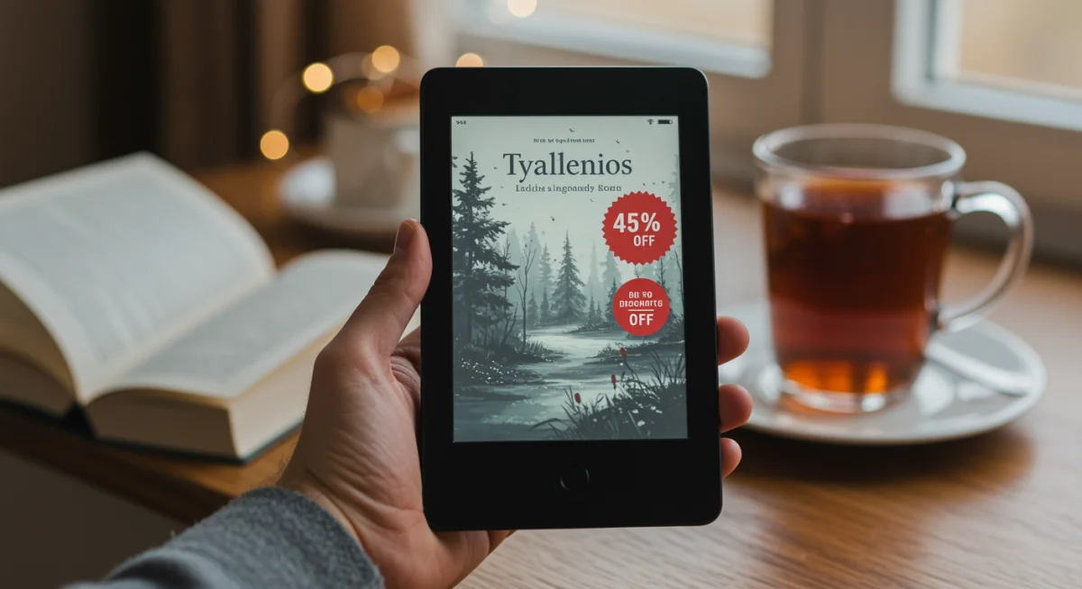 Mão segurando e-reader com capa de livro e selo de 45% de desconto, em ambiente aconchegante de leitura.