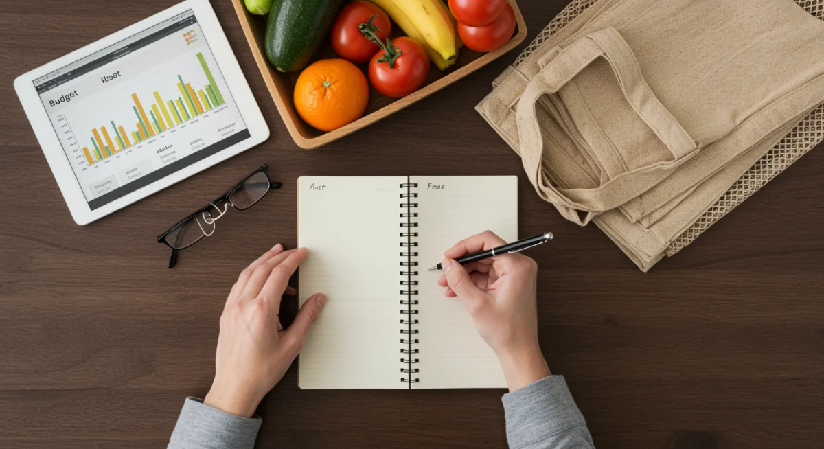 Pessoa escrevendo lista de compras detalhada com tablet exibindo orçamento, simbolizando planejamento e economia em compras de supermercado.