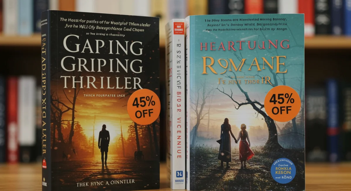 Dois livros bestsellers com selos de '45% OFF' em uma estante aconchegante, representando as edições limitadas de julho de 2025.
