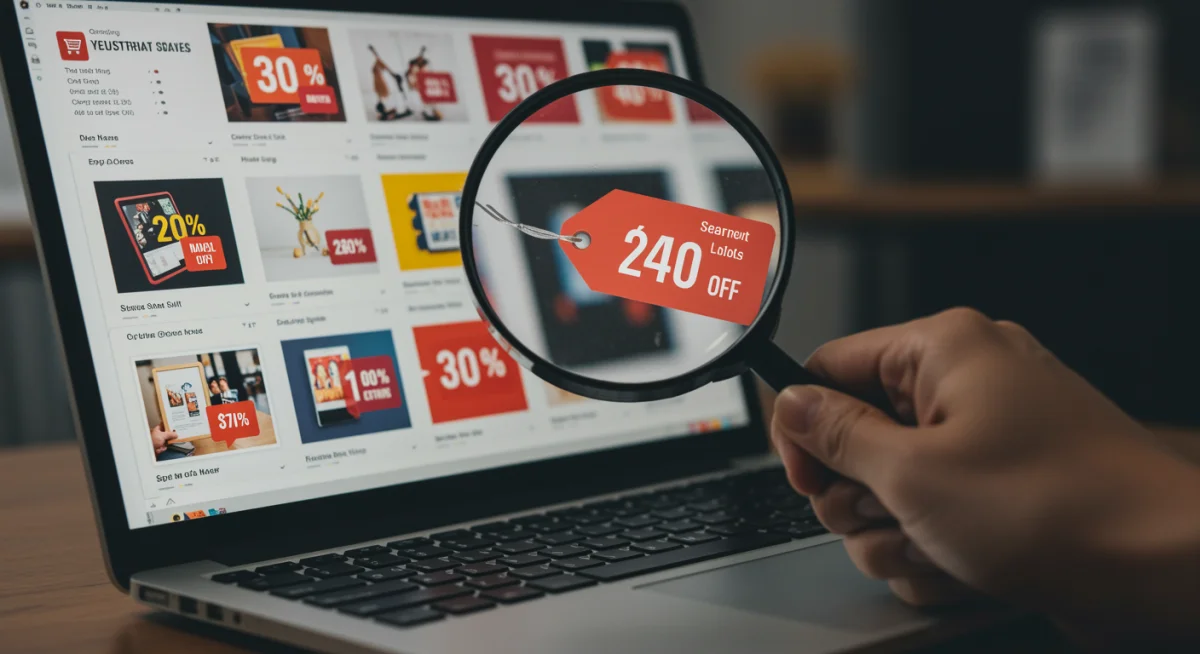 Mão segurando lupa sobre tela de notebook com diversas ofertas e descontos em produtos online.