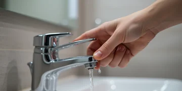 Mão fechando uma torneira, simbolizando economia de água e redução de custos.