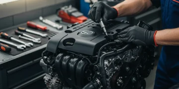 Mecânico inspecionando motor de carro com ferramentas, simbolizando manutenção preventiva e cuidado automotivo.