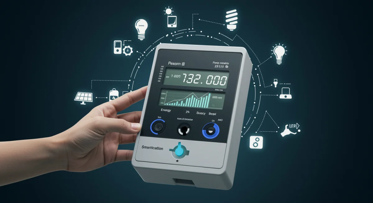 Medidor inteligente de energia exibindo dados de consumo com gráficos de redução e ícones de eletrodomésticos eficientes.