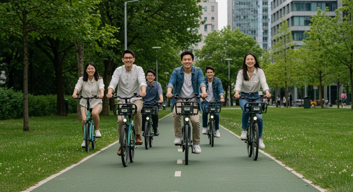 Jovens profissionais utilizando bicicletas e patinetes elétricos compartilhados para se deslocar na cidade.