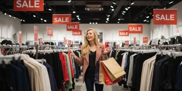 Mulher sorridente aproveitando saldões em outlet, com sacolas de compras e roupas em promoção ao fundo, simbolizando economia e boas ofertas.