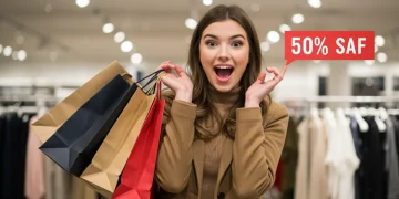 Mulher estilosa e feliz com sacola de compras, aproveitando ofertas relâmpago de moda
