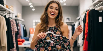 Mulher sorrindo experimentando vestido em loja de moda feminina