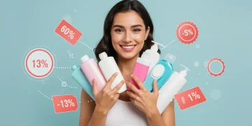 Economize 13% em Beleza e Higiene 2025: Guia Completo Mulher sorrindo com produtos de beleza e higiene, cercada por ícones de desconto e economia de 13%, simbolizando compras inteligentes em 2025.