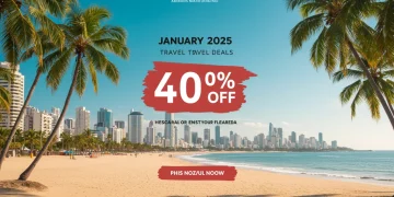 Banner digital com oferta de 40% de desconto em viagens nacionais para janeiro de 2025