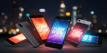Smartphones modernos em promoção com luzes brilhantes, simbolizando ofertas relâmpago e grandes descontos em tecnologia.