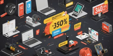 Banner digital colorido com produtos em oferta relâmpago e selos de "35% de desconto", simbolizando oportunidades de economia online.