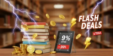 Pilha de livros e e-book em tablet com raios e moedas de ouro, simbolizando ofertas relâmpago e grandes descontos.