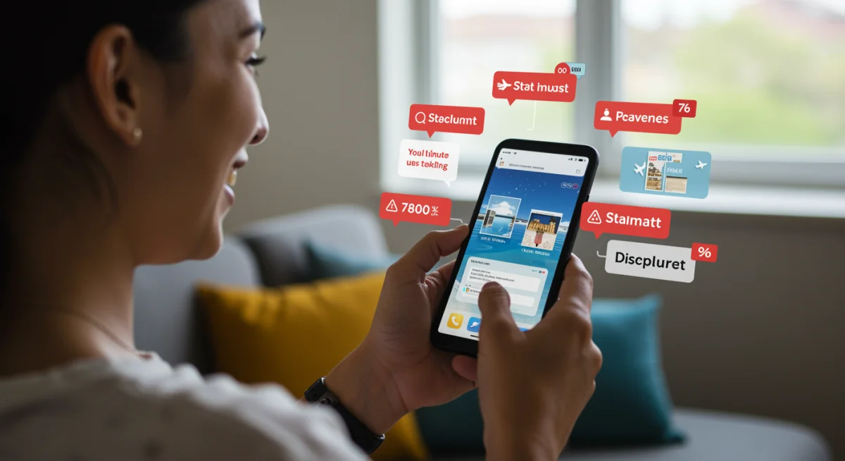 Pessoa sorrindo ao ver ofertas de viagens e hotéis no celular, representando economia em viagens de última hora.