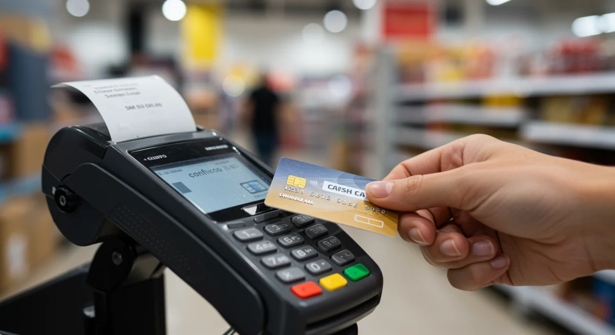 Mão realizando pagamento com cartão em máquina de POS, com ícone de cashback na tela, em ambiente de loja no Brasil.