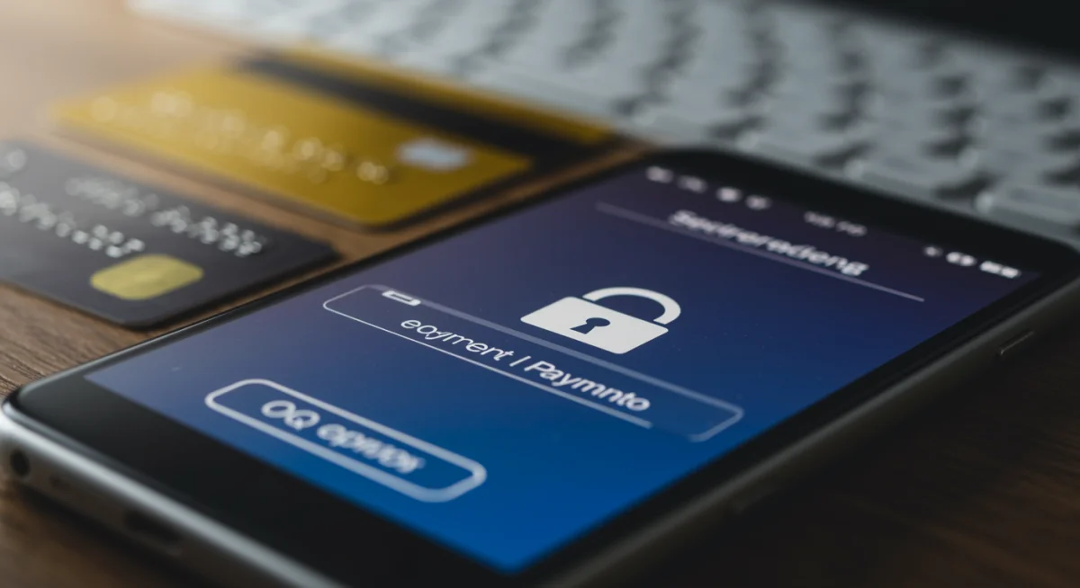 Confirmação de pagamento seguro em smartphone com cadeado digital.