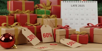 Decorações natalinas e presentes com etiquetas de desconto, simbolizando as pechinchas de fim de ano em 2025.