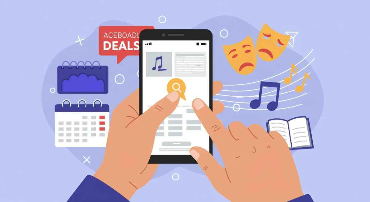 Pessoa pesquisando eventos culturais e promoções em um smartphone, ilustrando a busca por lazer acessível.