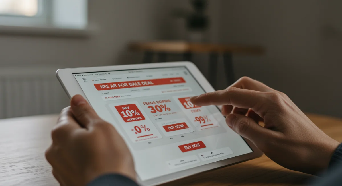 Pessoa pesquisando ofertas de eletrônicos em um tablet, com tela exibindo preços e descontos atrativos.