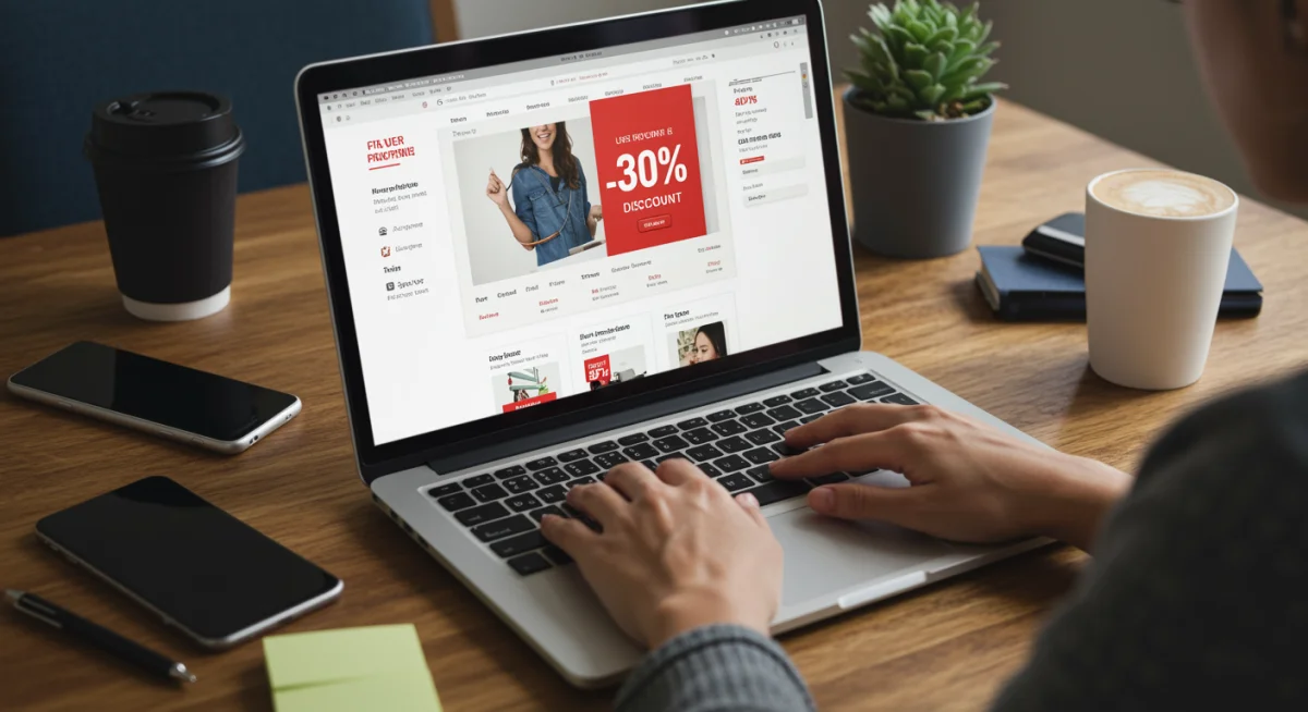 Pessoa pesquisando ofertas de tecnologia em um laptop, com foco em descontos online