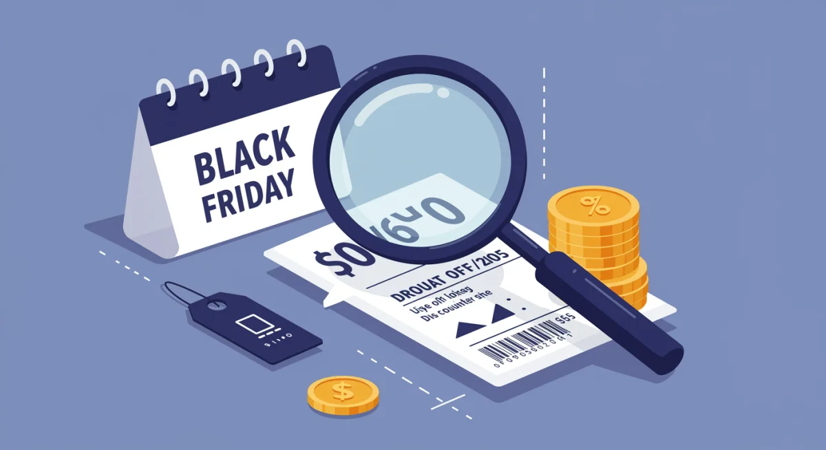 Lupa examinando detalhes de um produto e preço, com calendário Black Friday 2025 ao fundo, simbolizando a importância da pesquisa e comparação de ofertas.