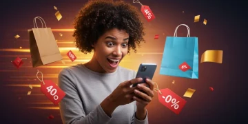 Pessoa feliz recebendo alerta de oferta relâmpago no smartphone, cercada por sacolas de compras e símbolos de desconto.
