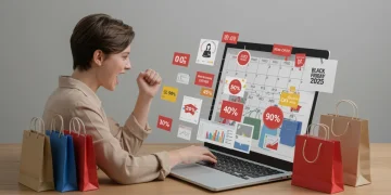 Pessoa feliz comparando preços em laptop, com sacolas de compras e calendário da Black Friday 2025 ao fundo, simbolizando economia.