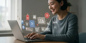 Desvende como economizar 7% nas compras online em 2025 Pessoa feliz economizando 7% em compras online com cupons e fidelidade em 2025