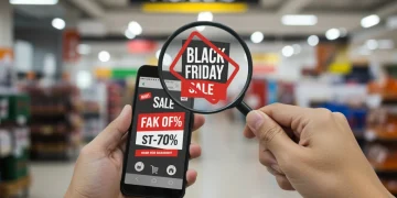 Pessoa examinando ofertas de Black Friday em um smartphone com lupa, atenta a possíveis falsas promoções.