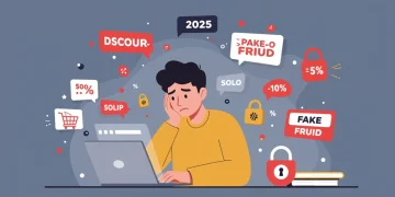 Pessoa preocupada olhando para uma tela de notebook com falsas ofertas relâmpago e ícones de segurança digital.