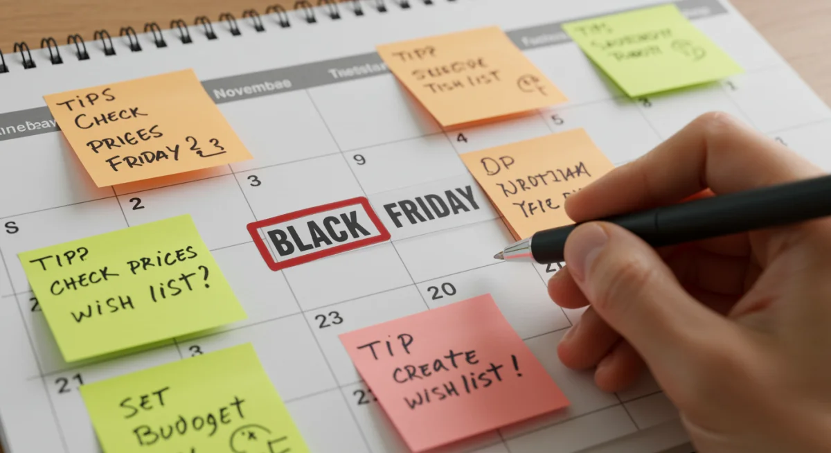 Calendário de novembro de 2025 destacando a Black Friday, com notas de planejamento e uma mão marcando datas importantes.