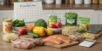 Mesa de cozinha organizada com ingredientes frescos e um calendário de planejamento de refeições para 30 dias em 2025, simbolizando economia e preparo.