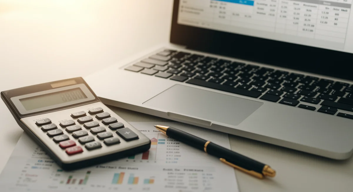 Planilha de orçamento doméstico detalhada em laptop, com calculadora e caneta, para controle de despesas.