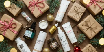 Seleção de produtos de cuidado pessoal com embalagens elegantes e decoração festiva, simbolizando os descontos de fim de ano.