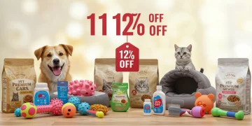Variedade de produtos para pets com 12% de desconto, incluindo rações, brinquedos e acessórios, em oferta especial de março de 2025.