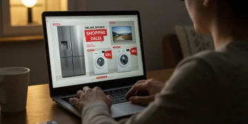 Pessoa pesquisando ofertas de eletrodomésticos em um notebook, com foco em economia.