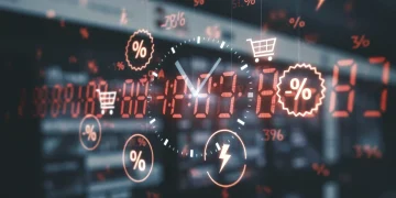 Relógio digital com ícones de compras e raios, representando as melhores horas para ofertas relâmpago e economia.