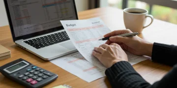 Pessoa revisando planilha de orçamento no notebook com foco em economia