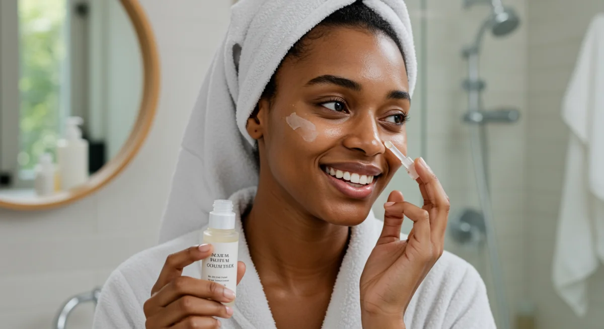 Mulher aplicando sérum facial, transmitindo sensação de frescor e bem-estar, em um ambiente de banheiro moderno e iluminado.