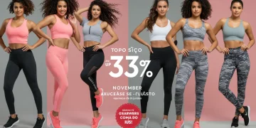 Modelos exibindo roupas esportivas modernas com descontos de até 33% em novembro