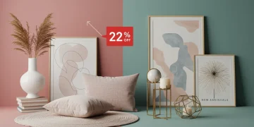 Sala de estar moderna com itens de decoração em promoção, evidenciando 22% de desconto.