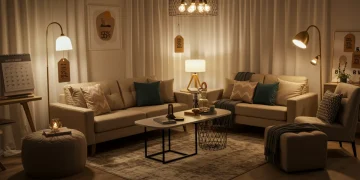 Sala de estar aconchegante com decoração moderna e etiquetas de desconto, simbolizando as ofertas relâmpago.